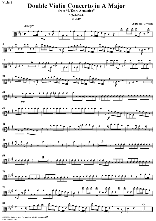 Double Violin Concerto in A Major    - from "L'Estro Armonico" - Op. 3/5  (RV519) - Viola 1