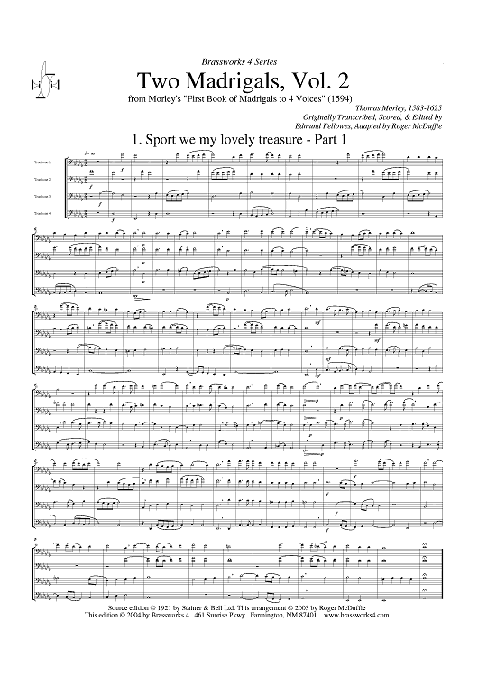 Two Madrigals, Vol. 2 - from Morley's "First Book of Madrigals to 4 Voices" (1594) - Score