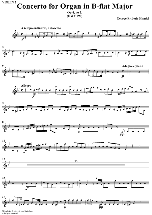 Concerto for Organ in Bb Major, Op 4, No. 2 (HMV 290) - Violin 2