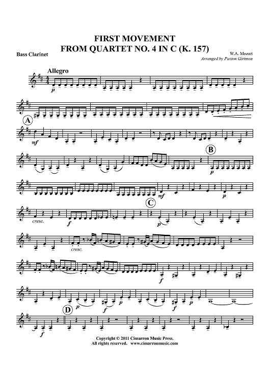 First Movement from Quartet No. 4 in C (K. 157) - Bass Clarinet