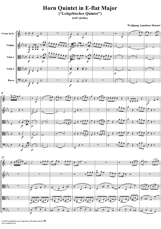Horn Quintet in E-Flat Major, K407 (K386c) - Full Score