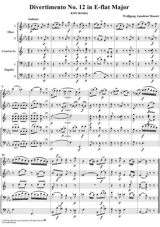 Divertimento No. 12 in E-Flat major, K252 (K240a) - Full Score