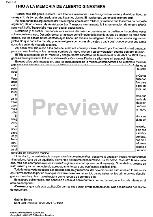 Trio a la memnoriade Alberto Ginastera - Preface