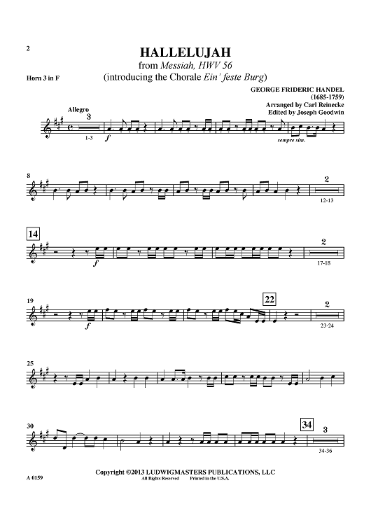 Hallelujah - from "Messiah", HWV 56 (introducing the Chorale "Ein' feste Burg") - Horn in F 3
