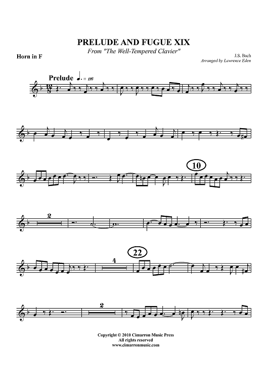 Prelude and Fugue XIX - From "The Well-Tempered Clavier" - Horn in F