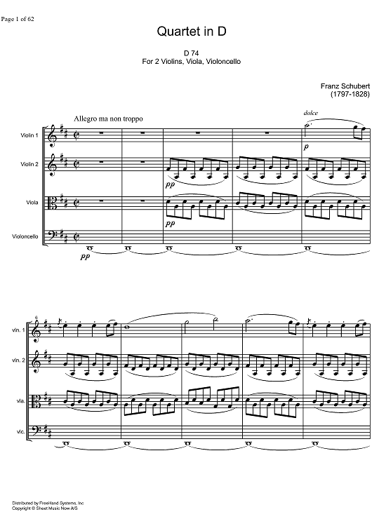 String Quartet No. 6 D Major D74 - Score