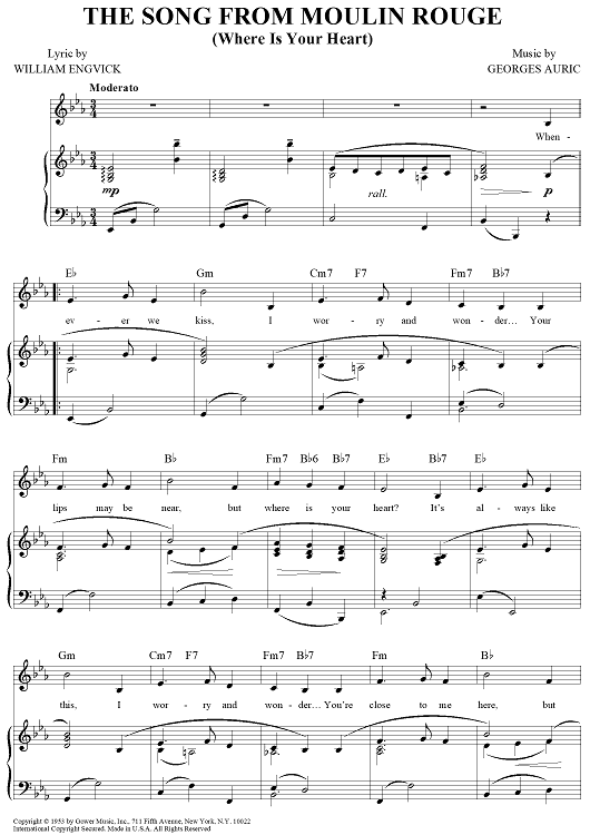 Where Is Your Heart (The Song From Moulin Rouge) sheet music for voice,  piano or guitar