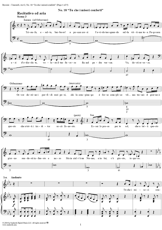 Tu che i miseri conforti: No. 18 from "Tancredi", Act 2, Scene 3 - Score