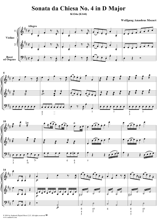 Sonata da Chiesa No. 4 in D Major, K124a (K144) - Full Score