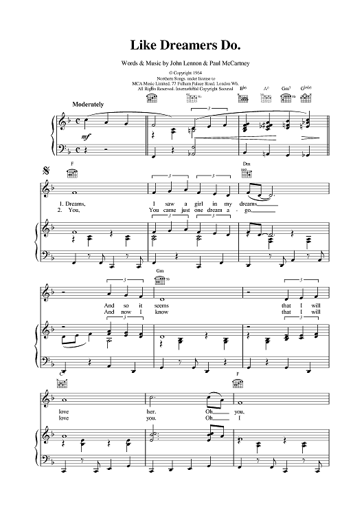 Like Dreamers Do" Sheet Music by The Beatles for Piano/Vocal/Chords