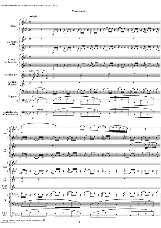 Serenade No. 10 in B-flat Major, movt. 3  - ("Gran Partita") - K361/K370a - Score