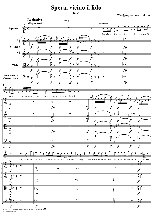 "Ma, che vi fece", recitative and "Sperai vicino il lido", aria, K368 - Full Score