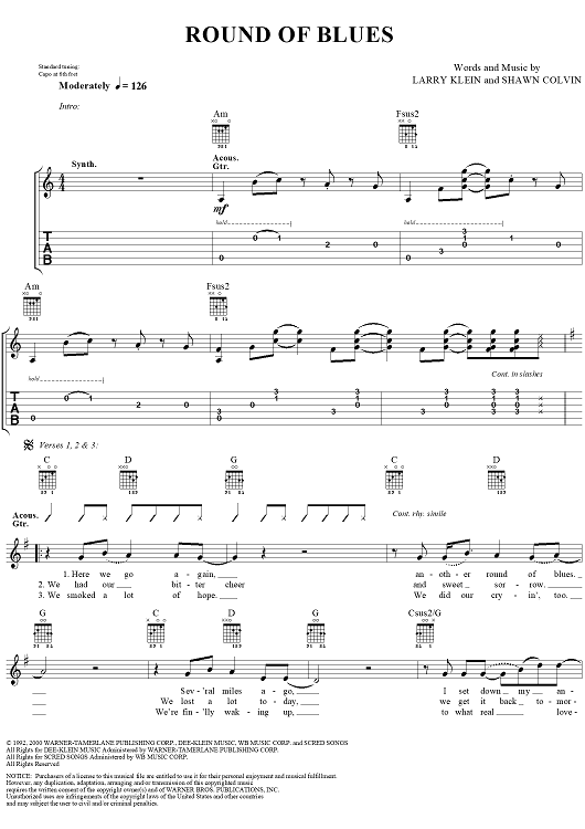 Round of Blues" Sheet Music by Shawn Colvin for Easy Guitar Tab/Vocal
