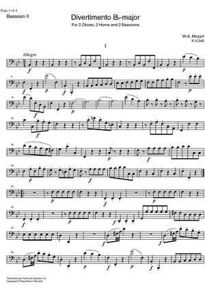Divertimento No. 9 Bb Major KV240 - Bassoon 2
