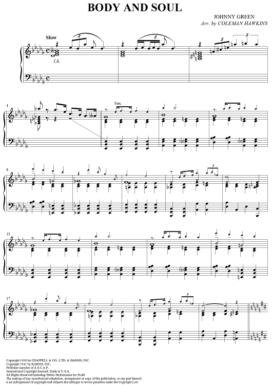 Body and Soul Piano Score" Sheet Music by Coleman Hawkins for