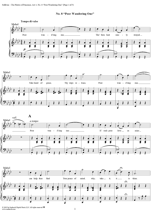 The Pirates of Penzance - Act I, No. 8: Poor wandering one - Vocal Score