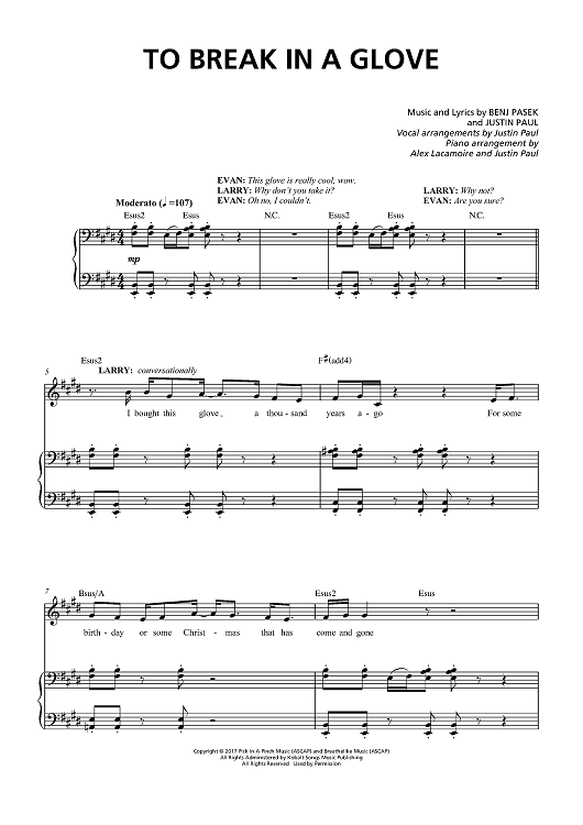 To Break In A Glove from Dear Evan Hansen" Sheet Music for Piano