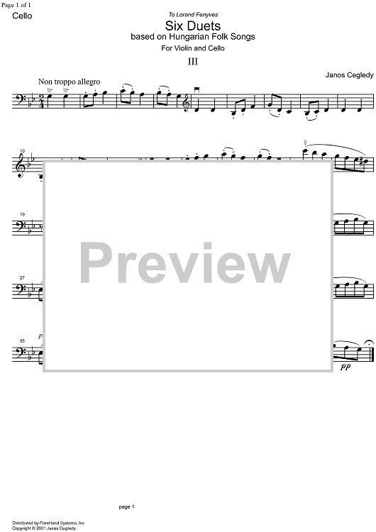 Duet No. 3 from 6 duets based on Hungarian Folk Songs - Cello