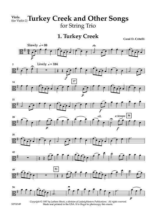 Turkey Creek and Other Songs - for String Trio - Viola