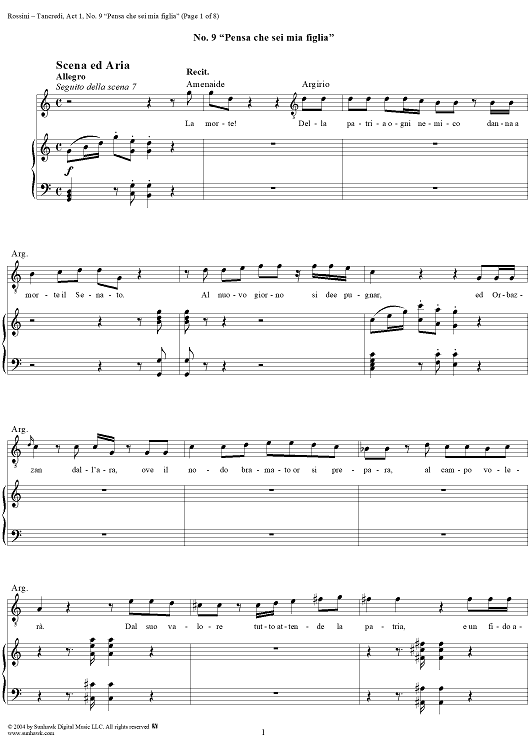 Pensa che sei mia figlia: No. 9 from "Tancredi", Act 1, Scene 7 - Score