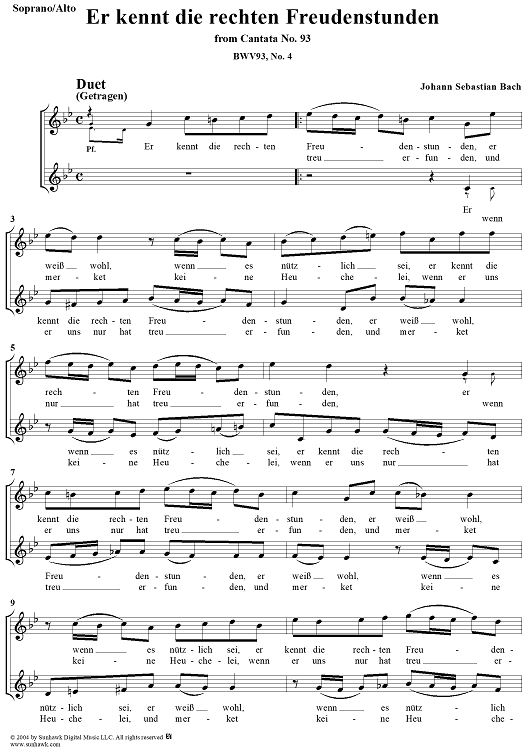 "Er kennt die rechten Freudenstunden", Duet, No. 4 from Cantata No. 93: "Wer nur den lieben Gott lässt walten" - Soprano and Alto