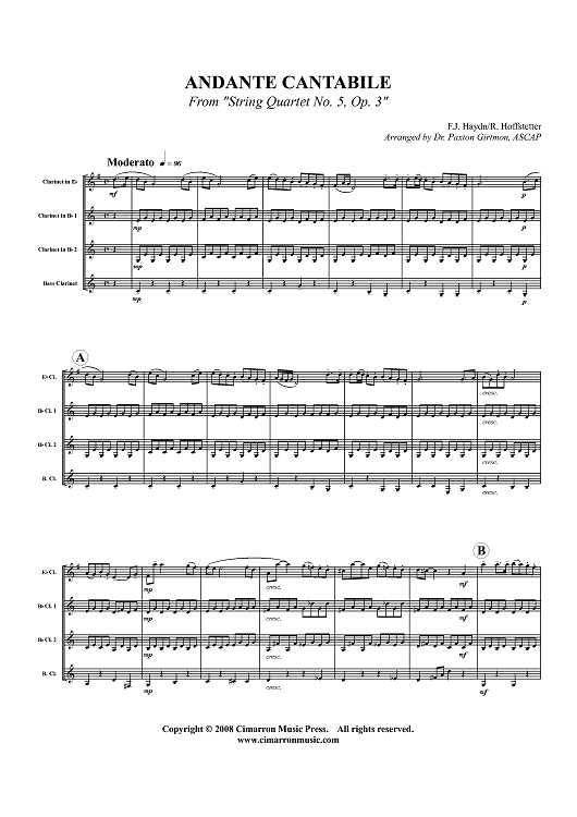Andante Cantabile from "String Quartet No. 5, Op. 3" - Score