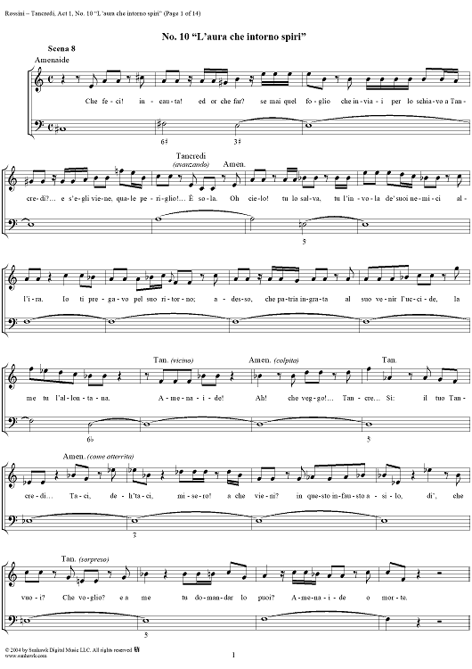 L'aura che intorno spiri: No. 10 from "Tancredi", Act 1, Scene 8 - Score