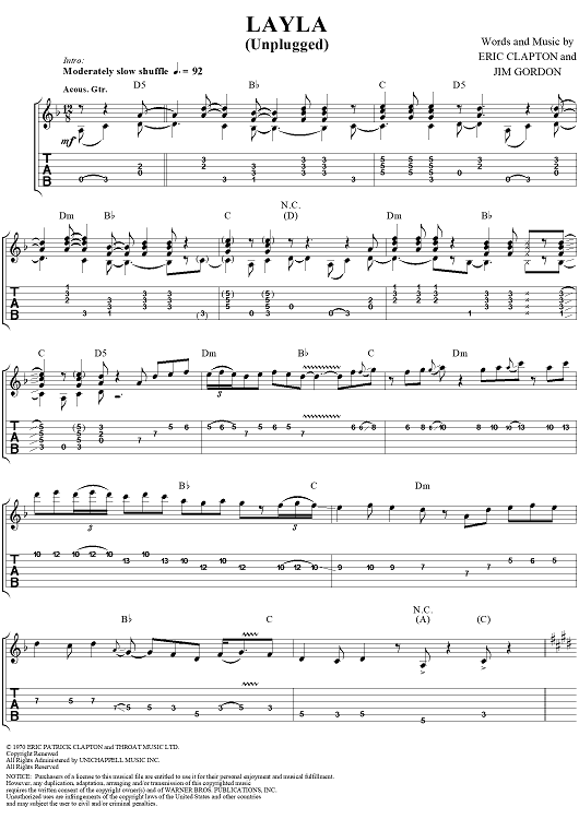 Layla Riff Sheet Music Layla (Unplugged)