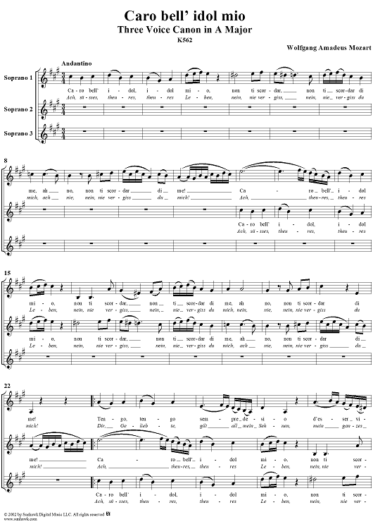 Caro bell' idol, idol mio, three voice canon in A Major, K562