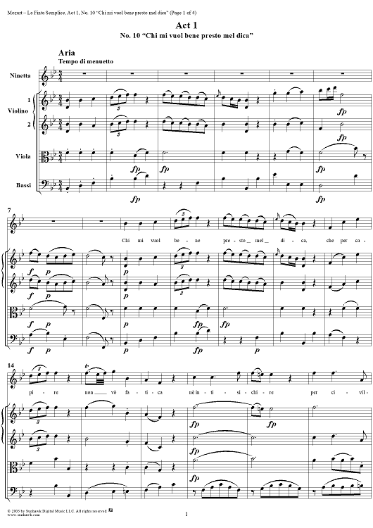 "Chi mi vuol bene presto mel' dica", No. 10 from "La Finta Semplice", Act 1, K46a (K51) - Full Score