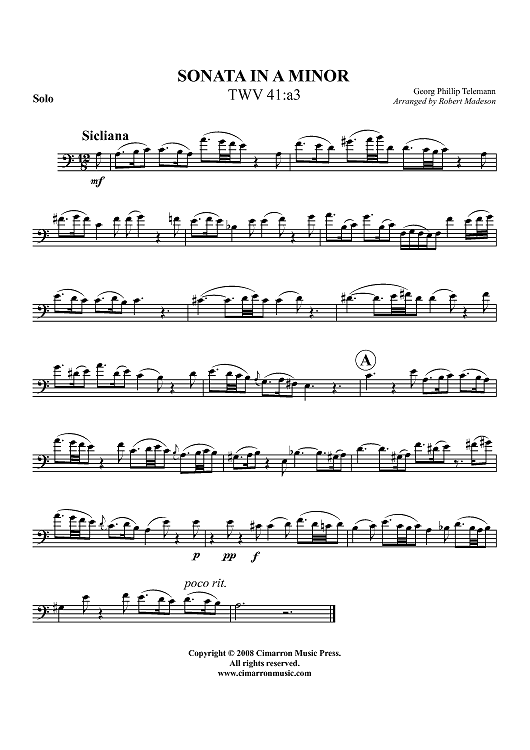 Sonata in A Minor TWV 41:a3 - Euphonium BC/TC