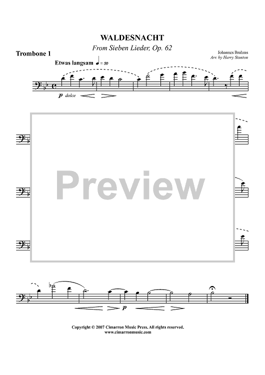 Waldesnacht from "Sieben Lieder, Op. 62" - Trombone 1