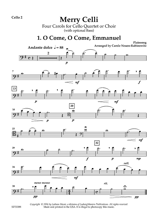 Merry Celli - Four Carols for Cello Quartet or Choir (with optional Bass) - Cello 2