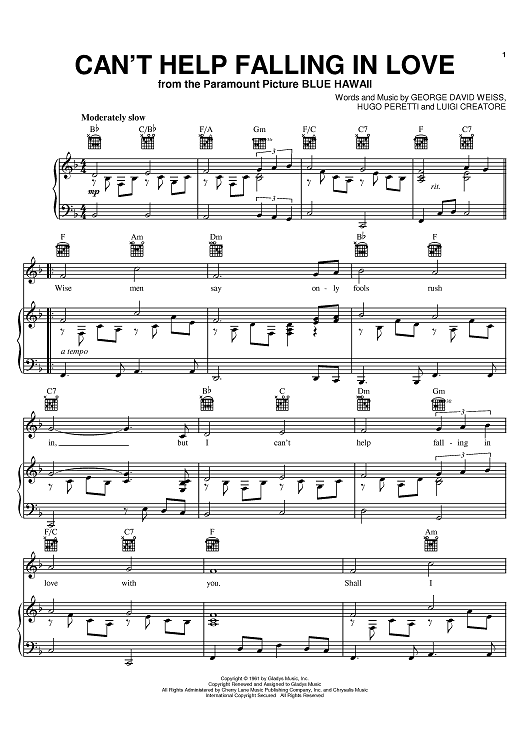 Can't Help Falling In Love" Sheet Music by Elvis Presley