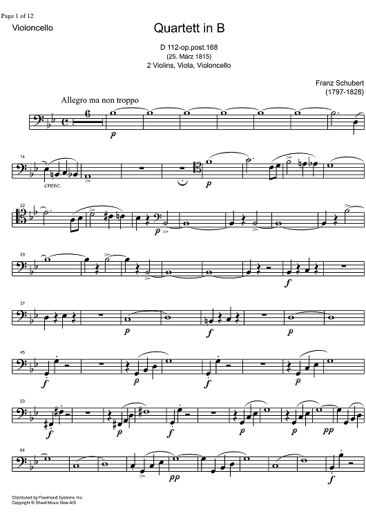 String Quartet No. 8 B Major D112 - Cello