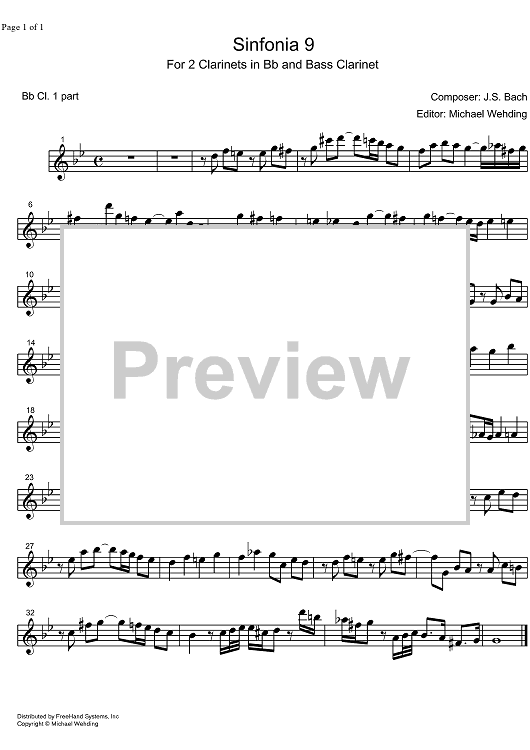 Three Part Sinfonia No. 9 BWV 795 f minor - B-flat Clarinet 1