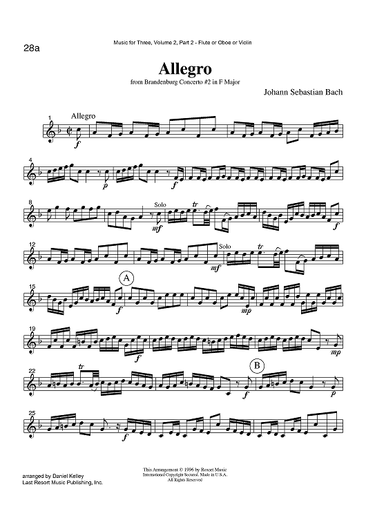 Allegro - from Brandenburg Concerto #2 in F Major - Part 2 Flute, Oboe or Violin