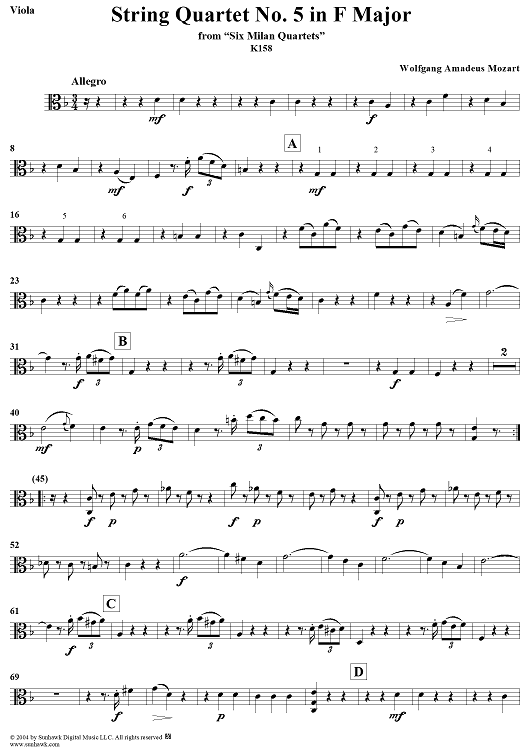 String Quartet No 5. in F Major, K158 - Viola