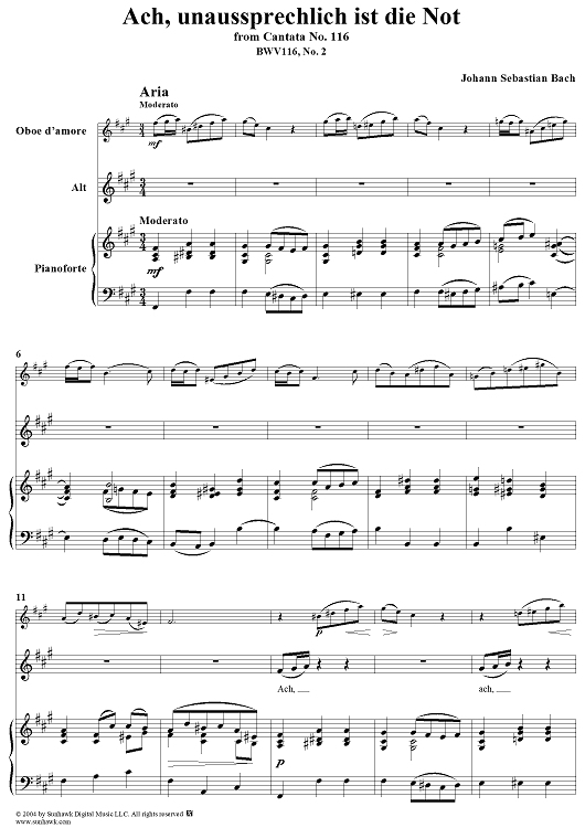 "Ach, unaussprechlich ist die Not", Aria, No. 2 from Cantata No. 116: "Du Friedefürst, Herr Jesu Christ" - Piano Score