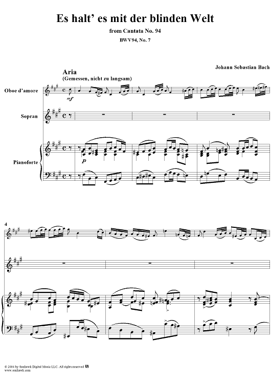 "Es halt' es mit der blinden Welt", Aria, No. 7 from Cantata No. 94: "Was frag' ich nach der Welt" - Piano Score
