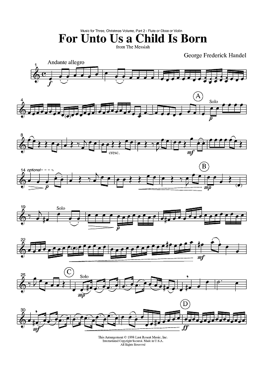 For Unto Us a Child Is Born - from The Messiah - Part 2 Flute, Oboe or Violin