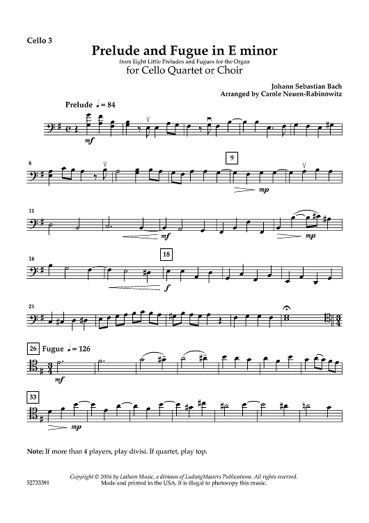 Prelude and Fugue for Cello Quartet or Choir - Cello 3