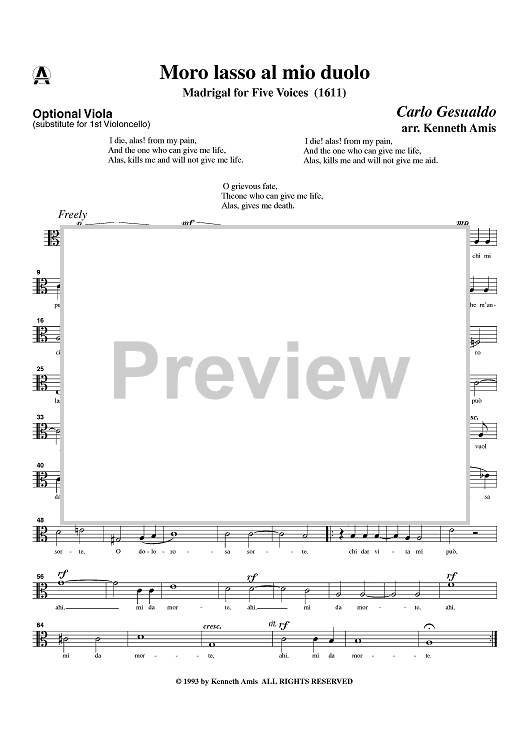 Moro lasso al mio duolo - Optional Viola (for Cello 1)