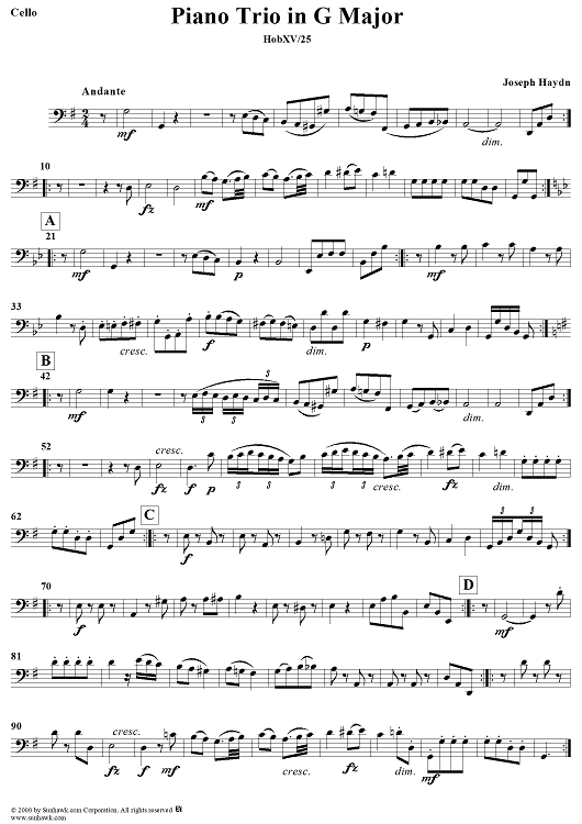 Piano Trio in G Major ("Gypsy Trio"), HobXV/25 - Cello