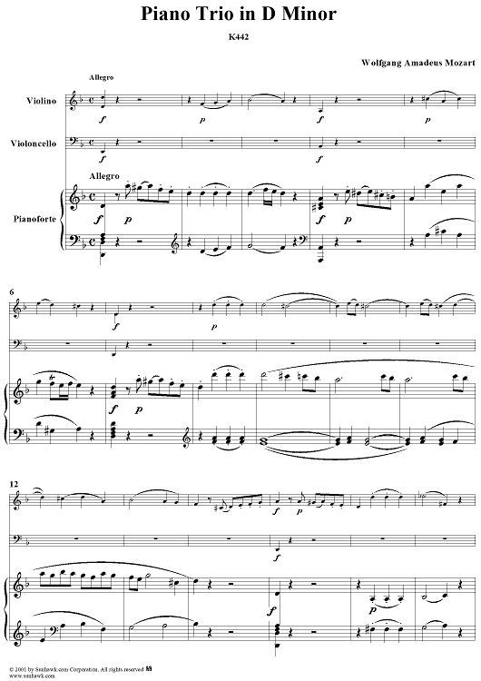 Piano Trio in D Minor K442 - Piano Score