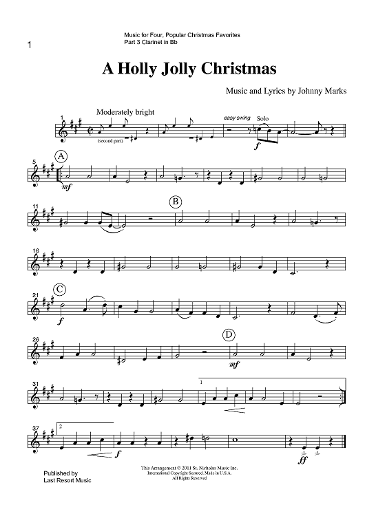 Music for Four, Collection No. 1 - Popular Christmas Favorites - Part 3 Clarinet in Bb
