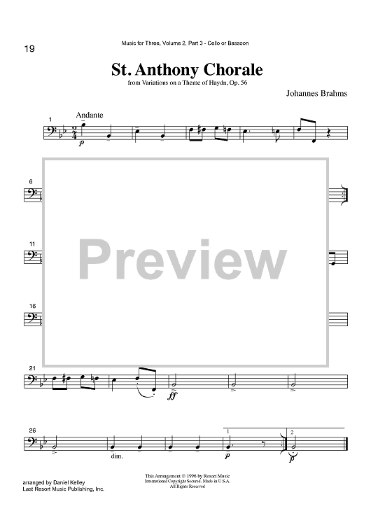 St. Anthony Chorale - from Variations on a Theme of Haydn, Op. 56 - Part 3 Cello or Bassoon
