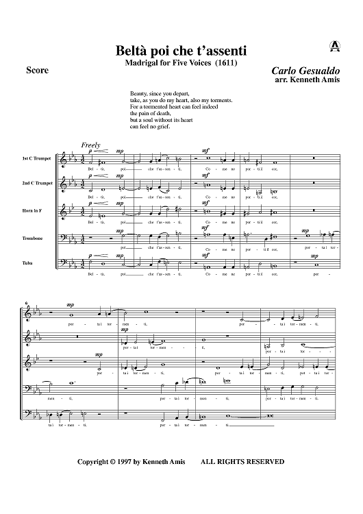 Beltà poi che t'assenti - Score