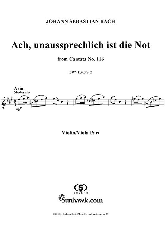 "Ach, unaussprechlich ist die Not", Aria, No. 2 from Cantata No. 116: "Du Friedefürst, Herr Jesu Christ" - Violin