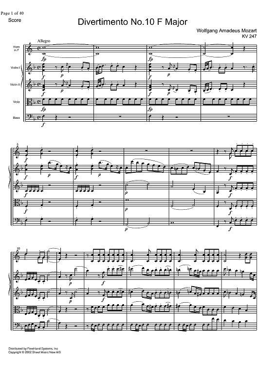 Divertimento No.10 F Major KV247 - Score
